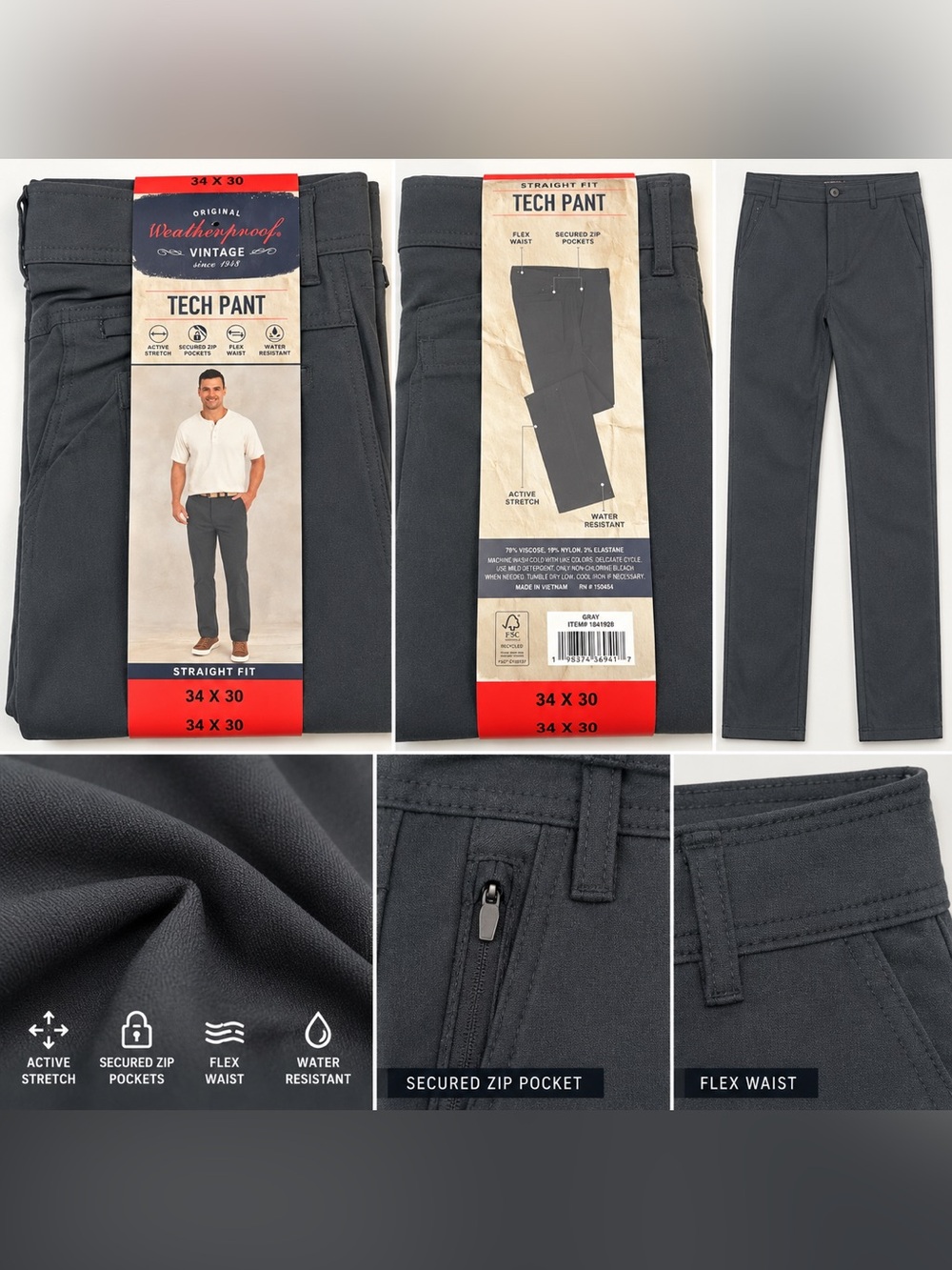 Weatherproof Vintage Mens Straight Fit Tech Pant Gray 34x30 Water Resistant